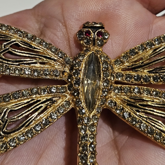 Vtg Gold Dragonfly Brooch  Rhinstones Black Enamel Umarked Possibly Vogue 3" x 2 - Picture 2 of 6